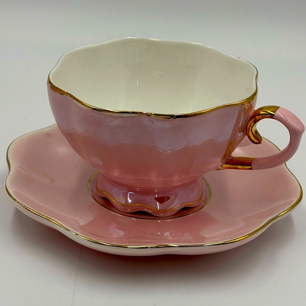 By Elegance: Pink & White with Gold Trim Coffee or Tea Cup and Saucer.